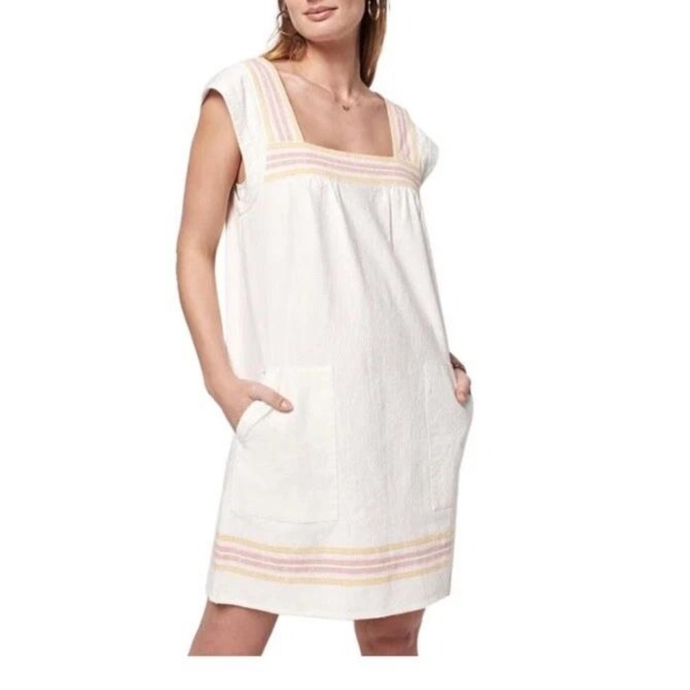 Faherty White Organic Cotton Striped Square Neck‎ Mini Shift Dress Womens Small
